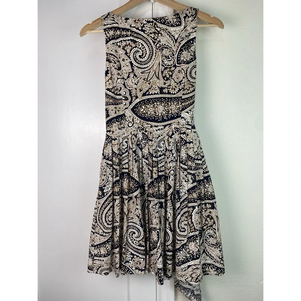 J. Crew Womens 0 Ivory Black Gold Paisley Sleeveless Pleated Fit and Flare Dress